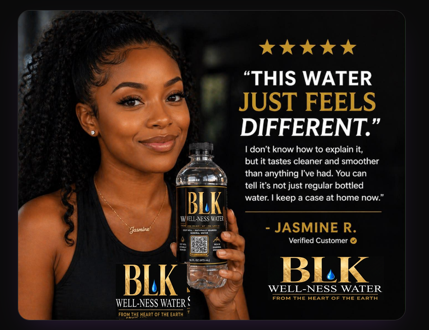 Customer review: “This water just feels different.” — Jasmine R., verified BLK WELL-NESS customer