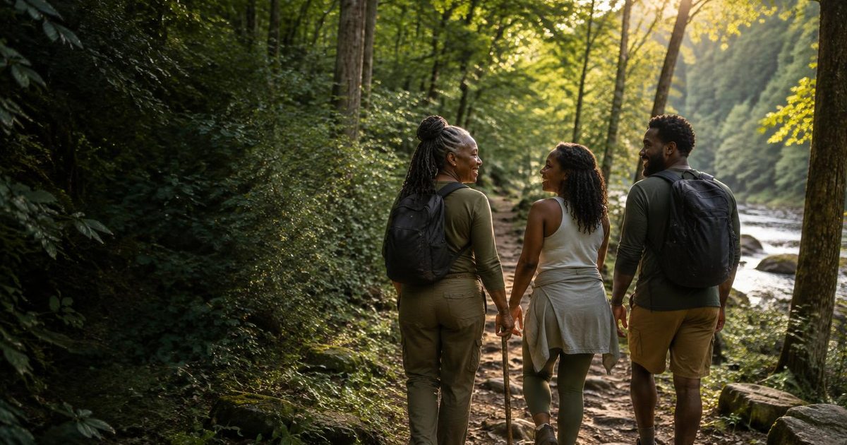 Friends walking together through a sunlit forest