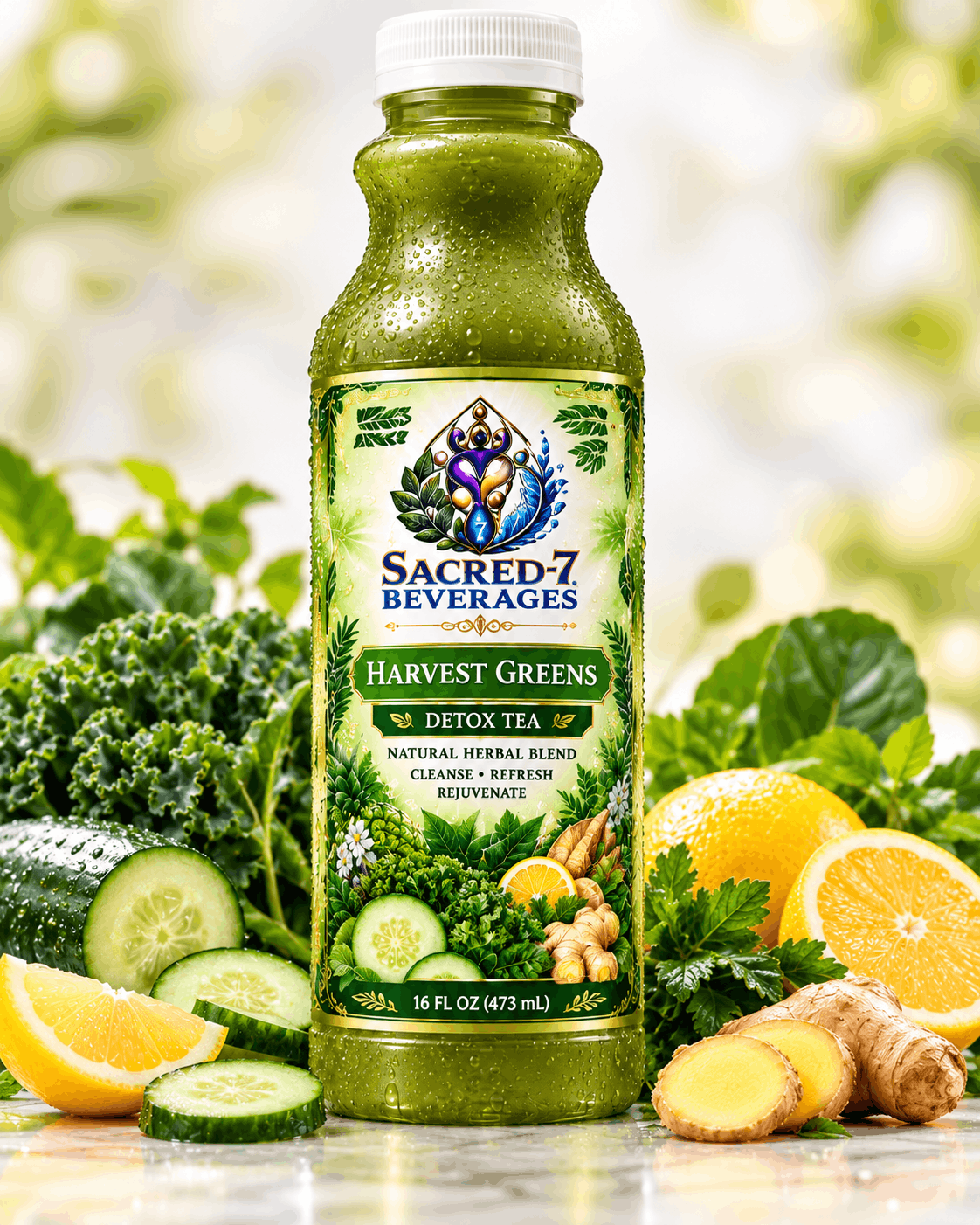 Sacred 7 Harvest Greens Detox Tea bottle