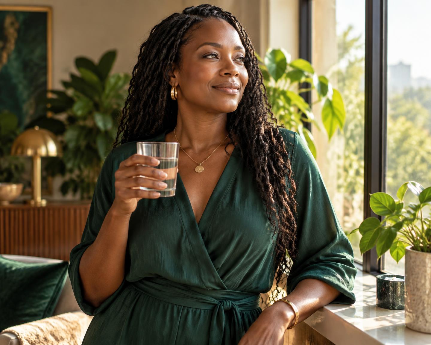 Black woman beginning her wellness journey with water